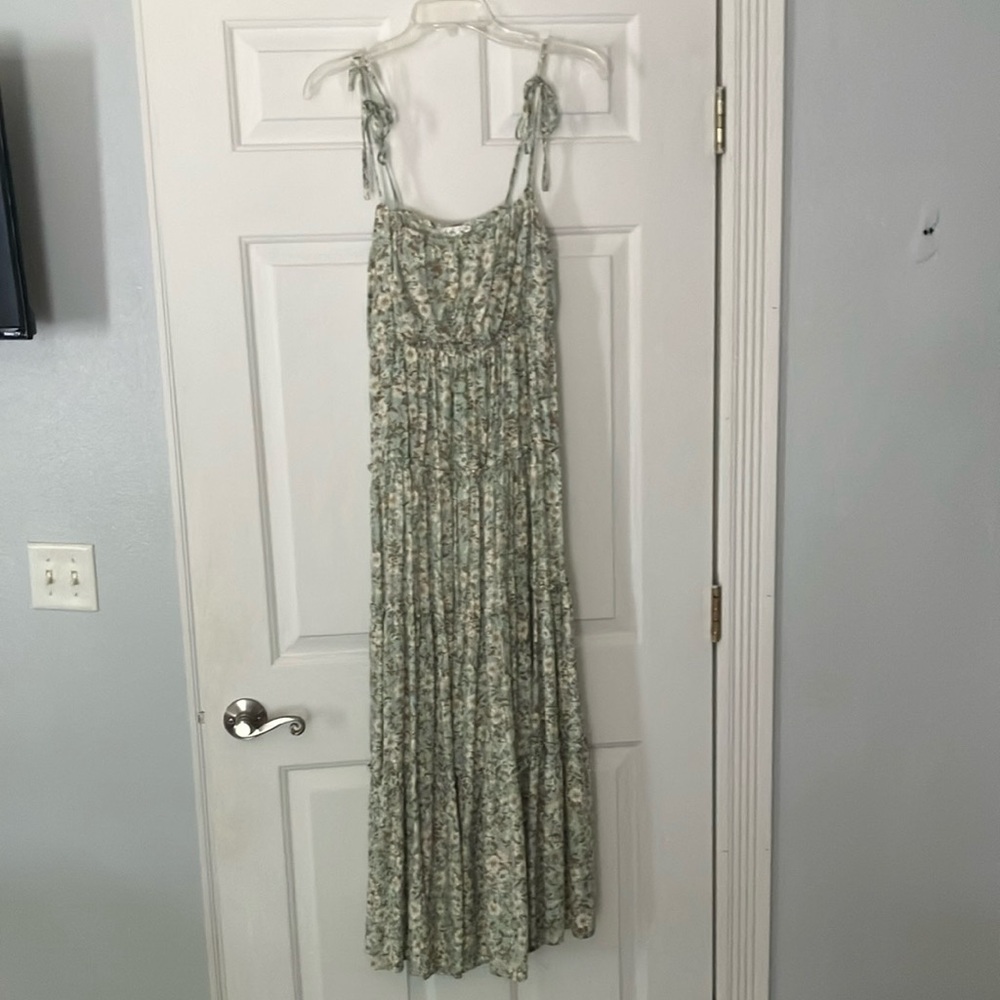 Green and White Smocked Maxi Sundress with Spaghetti Straps